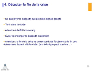 © INHESJ 2010
4. Détecter la fin de la crise
 Ne pas lever le dispositif aux premiers signes positifs
 Tenir dans la durée
 Attention à l’effet boomerang
 Éviter le prolonger le dispositif inutilement
 Attention : la fin de la crise ne correspond pas forcément à la fin des
événements l’ayant déclenchée (le médiatique peut survivre ...)
35
 