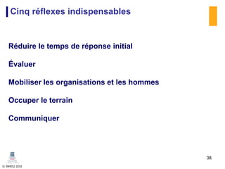 © INHESJ 2010
Cinq réflexes indispensables
Réduire le temps de réponse initial
Évaluer
Mobiliser les organisations et les hommes
Occuper le terrain
Communiquer
38
 