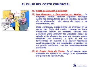 EL FLUJO DEL COSTO COMERCIAL
11) Costo de Almacén o de Stock
12) Los Recargos o Descuentos en Ventas : La
empresa puede realizar algunos recargos
sobre las mercaderías que se venden, en razón
de la distancia, del plazo de pago o de
vencimiento, etc.
Caso contrario, nuevamente se decrece en la
curva del flujo del costo, cuando se hace
necesario incluir en nuestro cálculo una
previsión para atender los posibles casos de
rebaja o de descuento, que en muchos casos
solicitan los clientes, y que si no los
tuviéramos en cuenta, a la postre resultaría
contraproducente los resultados previstos en
un precio estimado con los verdaderamente
efectivos.
13) El Precio Neto de Venta: Es el precio neto,
después de deducir la rebaja o el descuento
del precio de venta bruto.
 