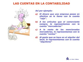 LAS CUENTAS EN LA CONTABILIDAD
Así por ejemplo:
a) El dinero que una empresa posee en
efectivo se le llama con la cuenta
“caja”.
b) A los artículos que el comerciante
compra, lo representamos con la
cuenta “mercaderías”
c) A la venta de las mencionadas
mercaderías, lo representamos con la
cuenta “ventas”
d) Al gasto que se hace en el alquiler del
local, lo representamos con la cuenta
“alquileres”
 