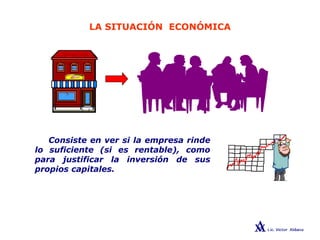 LA SITUACIÓN ECONÓMICA
Consiste en ver si la empresa rinde
lo suficiente (si es rentable), como
para justificar la inversión de sus
propios capitales.
 