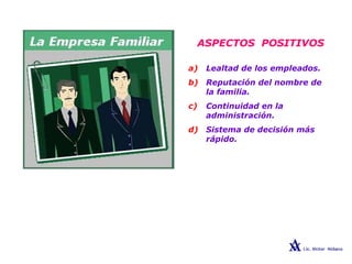 ASPECTOS POSITIVOS
a) Lealtad de los empleados.
b) Reputación del nombre de
la familia.
c) Continuidad en la
administración.
d) Sistema de decisión más
rápido.
 