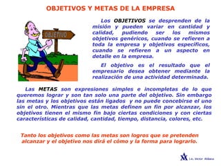 OBJETIVOS Y METAS DE LA EMPRESA
Los OBJETIVOS se desprenden de la
misión y pueden variar en cantidad y
calidad, pudiendo ser los mismos
objetivos genéricos, cuando se refieren a
toda la empresa y objetivos específicos,
cuando se refieren a un aspecto en
detalle en la empresa.
El objetivo es el resultado que el
empresario desea obtener mediante la
realización de una actividad determinada.
Las METAS son expresiones simples e incompletas de lo que
queremos lograr y son tan solo una parte del objetivo. Sin embargo
las metas y los objetivos están ligados y no puede concebirse el uno
sin el otro. Mientras que las metas definen un fin por alcanzar, los
objetivos tienen el mismo fin bajo ciertas condiciones y con ciertas
características de calidad, cantidad, tiempo, distancia, colores, etc.
Tanto los objetivos como las metas son logros que se pretenden
alcanzar y el objetivo nos dirá el cómo y la forma para lograrlo.
 
