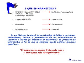 CONCEPTO MARKETING
Es un Sistema Integral de actividades dirigidas a satisfacer
necesidades, deseos y preferencias de los consumidores o
usuarios a través (o mediante el desarrollo) de procesos de
intercambio a fin de que la empresa pueda obtener mayores
beneficios.
“El suceso no se alcanza trabajando más y
sí trabajando más inteligentemente”
 