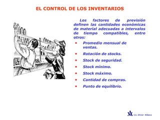 EL CONTROL DE LOS INVENTARIOS
Los factores de previsión
definen las cantidades económicas
de material adecuadas a intervalos
de tiempo compatibles, entre
otros:
• Promedio mensual de
ventas.
• Rotación de stocks.
• Stock de seguridad.
• Stock mínimo.
• Stock máximo.
• Cantidad de compras.
• Punto de equilibrio.
 