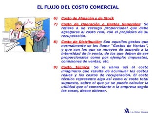 EL FLUJO DEL COSTO COMERCIAL
6) Costo de Almacén o de Stock
7) Costo de Operación o Gastos Generales: Se
refiere a un recargo proporcional que debe
agregarse al costo real, con el propósito de su
recuperación.
8) Costo de Distribución: Son aquellos gastos que
normalmente se les llama “Gastos de Ventas”,
y que son los que se mueven de acuerdo a la
intensidad de la venta, de los que deben de ser
proporcionales como por ejemplo: impuestos,
comisiones de ventas, etc.
9) Costo Técnico: Se le llama así al costo
imaginario que resulta de acumular los costos
reales y los costos de recuperación. El costo
técnico representa algo así como el costo total
supuesto, sobre el que ya se puede calcular la
utilidad que el comerciante o la empresa según
los casos, desea obtener.
 