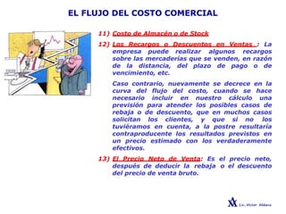 EL FLUJO DEL COSTO COMERCIAL
11) Costo de Almacén o de Stock
12) Los Recargos o Descuentos en Ventas : La
empresa puede realizar algunos recargos
sobre las mercaderías que se venden, en razón
de la distancia, del plazo de pago o de
vencimiento, etc.
Caso contrario, nuevamente se decrece en la
curva del flujo del costo, cuando se hace
necesario incluir en nuestro cálculo una
previsión para atender los posibles casos de
rebaja o de descuento, que en muchos casos
solicitan los clientes, y que si no los
tuviéramos en cuenta, a la postre resultaría
contraproducente los resultados previstos en
un precio estimado con los verdaderamente
efectivos.
13) El Precio Neto de Venta: Es el precio neto,
después de deducir la rebaja o el descuento
del precio de venta bruto.
 