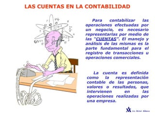 LAS CUENTAS EN LA CONTABILIDAD
Para contabilizar las
operaciones efectuadas por
un negocio, es necesario
representarlas por medio de
las “CUENTAS”. El manejo y
análisis de las mismas es la
parte fundamental para el
registro de transacciones u
operaciones comerciales.
La cuenta es definida
como la representación
contable de las personas,
valores o resultados, que
intervienen en las
operaciones realizadas por
una empresa.
 