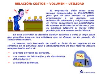 RELACIÓN: COSTOS – VOLUMEN – UTILIDAD
El empresario, debe tener como
función indispensable la PLANEACIÓN,
para que de esta manera se pueda
proporcionar a su negocio, una
información adecuada y útil para evaluar
en forma conveniente las posibilidades
de obtener utilidades en el futuro y que
su empresa adquiera el mayor valor
posible y de esa manera se fortalezca.
En esta actividad se necesita diseñar acciones a corto y largo plazo
que permitan alcanzar los objetivos que se desean en un período de
tiempo determinado.
La manera más frecuente de medir el éxito de un negocio es en
términos de la ganancia neta o utilidaddepende de tres factores básicos
independientes entre sí:
• El precio de venta del producto.
• Los costos de fabricación y de distribución
del producto. y
• El volumen de ventas.
 