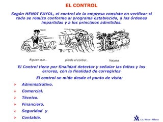 EL CONTROL
Según HENRI FAYOL, el control de la empresa consiste en verificar si
todo se realiza conforme al programa establecido, a las órdenes
impartidas y a los principios admitidos.
El Control tiene por finalidad detectar y señalar las faltas y los
errores, con la finalidad de corregirlos
El control se mide desde el punto de vista:
 Administrativo.
 Comercial.
 Técnico.
 Financiero.
 Seguridad y
 Contable.
 