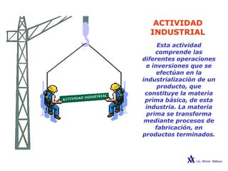 ACTIVIDAD
INDUSTRIAL
Esta actividad
comprende las
diferentes operaciones
e inversiones que se
efectúan en la
industrialización de un
producto, que
constituye la materia
prima básica, de esta
industria. La materia
prima se transforma
mediante procesos de
fabricación, en
productos terminados.
 