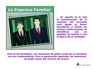 Es aquella en la cual
la consideración de la
sucesión del comando
está ligada al factor
hereditario y donde los
valores institucionales se
identifican con un
apellido de familia o con
la figura de un fundador.
Para él (El Fundador), las relaciones de poder nacen de su iniciativa
con sus colaboradores. Para la generación siguiente, las relaciones
de poder nacen del derecho de sangre.
 