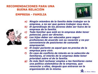 RECOMENDACIONES PARA UNA
BUENA RELACIÓN
EMPRESA - FAMILIA
a) Ningún miembro de la familia debe trabajar en la
empresa, a no ser que quiera trabajar muy duro.
b) El aprendizaje de los jóvenes debe ser fuera de la
empresa de la familia.
c) Todo familiar que esté en la empresa debe tener
potencial, para ser director.
d) Los hijos deber ser educados para seguir
profesiones de acuerdo con su vocación y no por
conveniencia de posiciones de comando
empresarial.
e) El mejor pariente es aquel que no precisa de la
empresa para vivir.
f) En caso de conflicto de interés en la selección de
familiares, el interés de la empresa debe tener
prioridad sobre el de la familia.
g) Es más fácil rechazar empleo a los familiares como
una política sistemática de la empresa, que
renunciar a ellos, después que entraron en la
organización de la misma.
 