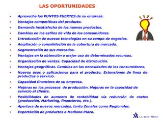LAS OPORTUNIDADES
• Aproveche los PUNTOS FUERTES de su empresa.
• Ventajas competitivas del producto.
• Demanda insatisfecha de los nuevos productos.
• Cambios en los estilos de vida de los consumidores.
• Introducción de nuevas tecnologías en su campo de negocios.
• Ampliación o consolidación de la cobertura de mercado.
• Segmentación de sus mercados.
• Ventajas en la obtención o mejor uso de determinados recursos.
• Organización de ventas. Capacidad de distribución.
• Ventajas geográficas. Cambios en las necesidades de los consumidores.
• Nuevos usos o aplicaciones para el producto. Extensiones de línea de
productos o servicio.
• Capacidad financiera de su empresa.
• Mejoras en los procesos de producción. Mejoras en la capacidad de
servicio al cliente.
• Posibilidades de aumento de rentabilidad vía reducción de costes
(producción, Marketing, financieros, etc.).
• Apertura de nuevos mercados, tanto Zonales como Regionales.
• Exportación de productos a Mediano Plazo.
 