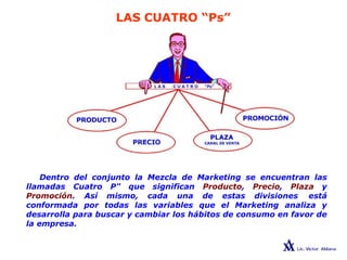 LAS CUATRO “Ps”
Dentro del conjunto la Mezcla de Marketing se encuentran las
llamadas Cuatro P" que significan Producto, Precio, Plaza y
Promoción. Así mismo, cada una de estas divisiones está
conformada por todas las variables que el Marketing analiza y
desarrolla para buscar y cambiar los hábitos de consumo en favor de
la empresa.
 