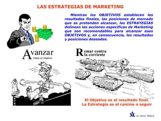 LAS ESTRATEGIAS DE MARKETING
Mientras los OBJETIVOS establecen los
resultados finales, las posiciones de mercado
que se pretenden alcanzar, las ESTRATEGIAS
delinean las acciones específicas de Marketing
que son recomendables para alcanzar esos
OBJETIVOS y, en consecuencia, los resultados
y posiciones deseados.
El Objetivo es el resultado final.
La Estrategia es el camino a seguir
 
