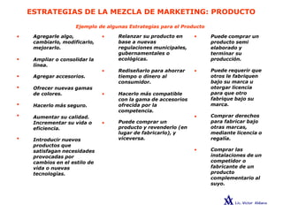 ESTRATEGIAS DE LA MEZCLA DE MARKETING: PRODUCTO
Ejemplo de algunas Estrategias para el Producto
Agregarle algo, •
cambiarlo, modificarlo,
mejorarlo.
Ampliar o consolidar la
línea.
•
Agregar accesorios.
Ofrecer nuevas gamas
de colores. •
Hacerlo más seguro.
Aumentar su calidad.
Incrementar su vida o •
eficiencia.
Introducir nuevos
productos que
satisfagan necesidades
provocadas por
cambios en el estilo de
vida o nuevas
tecnologías.
Relanzar su producto en •
base a nuevas
regulaciones municipales,
gubernamentales o
ecológicas.
Rediseñarlo para ahorrar •
tiempo o dinero al
consumidor.
Hacerlo más compatible
con la gama de accesorios
ofrecida por la
competencia.
•
Puede comprar un
producto y revenderlo (en
lugar de fabricarlo), y
viceversa.
•
Puede comprar un
producto semi
elaborado y
terminar su
producción.
Puede requerir que
otros le fabriquen
bajo su marca u
otorgar licencia
para que otro
fabrique bajo su
marca.
Comprar derechos
para fabricar bajo
otras marcas,
mediante licencia o
regalía.
Comprar las
instalaciones de un
competidor o
fabricante de un
producto
complementario al
suyo.
•
•
•
•
•
•
•
 