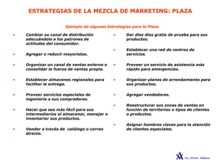 ESTRATEGIAS DE LA MEZCLA DE MARKETING: PLAZA
• Dar diez días gratis de prueba para sus
productos.
• Establecer una red de centros de
servicios.
• Proveer un servicio de asistencia más
rápido para emergencias.
• Organizar planes de arrendamiento para
sus productos.
• Agregar vendedores.
• Reestructurar sus zonas de ventas en
función de territorios o tipos de clientes
o productos.
• Asignar hombres claves para la atención
de clientes especiales.
• Cambiar su canal de distribución
adecuándolo a los patrones de
actitudes del consumidor.
• Agregar o reducir mayoristas.
• Organizar un canal de ventas externo o
consolidar la fuerza de ventas propia.
• Establecer almacenes regionales para
facilitar la entrega.
• Proveer servicios especiales de
ingeniería a sus compradores.
• Hacer que sea más fácil para sus
intermediarios el almacenar, manejar o
inventariar sus productos.
• Vender a través de catálogo o correo
directo.
Ejemplo de algunas Estrategias para la Plaza
 