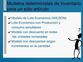 Modelos deterministas de Inventario para un sólo artículo Modelo de Lote Económico (WILSON) Lote Económico con Producción y consumo simultáneo Modelo con descuento en todas   las unidades compradas Modelo con descuentos según incrementos en la cantidad 