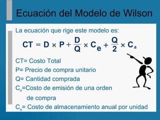Ecuación del Modelo de Wilson La ecuación que rige este modelo es: CT= Costo Total P= Precio de compra unitario Q= Cantidad comprada C e =Costo de emisión de una orden    de compra C a = Costo de almacenamiento anual por unidad CT = D P + D Q C e Q 2 C a     