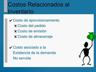 Costos Relacionados al Inventario Costo de aprovisionamiento Costo del pedido Costo de emisión  Costo de almacenaje Costo asociado a la  Existencia de la demanda  No servida 