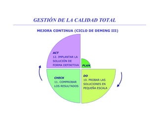 GESTIÓN DE LA CALIDAD TOTAL
MEJORA CONTINUA (CICLO DE DEMING III)

ACT
12. IMPLANTAR LA
SOLUCIÓN DE
FORMA DEFINITIVA

CHECK
11. COMPROBAR
LOS RESULTADOS

PLAN

DO
10. PROBAR LAS
SOLUCIONES EN
PEQUEÑA ESCALA

 