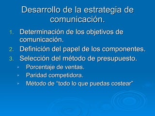 Desarrollo de la estrategia de comunicación. Determinación de los objetivos de comunicación. Definición del papel de los componentes. Selección del método de presupuesto. Porcentaje de ventas. Paridad competidora. Método de “todo lo que puedas costear” 