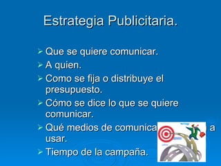Estrategia Publicitaria. Que se quiere comunicar. A quien. Como se fija o distribuye el presupuesto. Cómo se dice lo que se quiere comunicar. Qué medios de comunicación se van a usar. Tiempo de la campaña. 