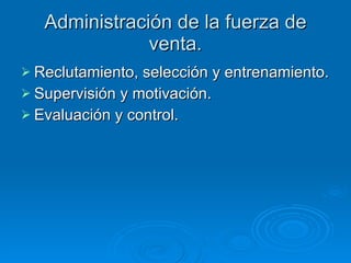Administración de la fuerza de venta. Reclutamiento, selección y entrenamiento. Supervisión y motivación. Evaluación y control. 