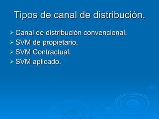 Tipos de canal de distribución. Canal de distribución convencional. SVM de propietario. SVM Contractual. SVM aplicado. 