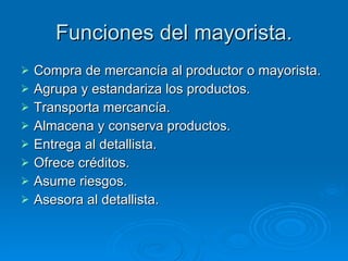 Funciones del mayorista. Compra de mercancía al productor o mayorista. Agrupa y estandariza los productos. Transporta mercancía. Almacena y conserva productos. Entrega al detallista. Ofrece créditos. Asume riesgos. Asesora al detallista. 