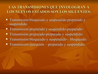 LAS TRANSMISIONES QUE INVOLOGRAN A LOS NUEVOS ESTADOS SON LOS SIGUENTES: Transmisión bloqueado y suspendido preparado y suspendido:  Transmisión preparado y suspendido-preparado: Transmisión preparado-preparado y suspendido: Transmisión bloqueado y suspendido – bloqueado: Transmisión ejecución – preparado y suspendido: 