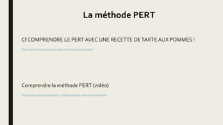 La méthode PERT
Cf COMPRENDRE LE PERT AVEC UNE RECETTE DETARTE AUX POMMES !
https://lisette-mag.fr/comprendre-pert-recette-tarte-aux-pommes/
Comprendre la méthode PERT (vidéo)
https://www.youtube.com/watch?v=_QEh8XcZV5E&ab_channel=YoussefHassan
 