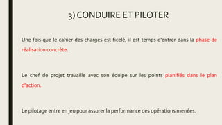 3) CONDUIRE ET PILOTER
Une fois que le cahier des charges est ficelé, il est temps d'entrer dans la phase de
réalisation concrète.
Le chef de projet travaille avec son équipe sur les points planifiés dans le plan
d'action.
Le pilotage entre en jeu pour assurer la performance des opérations menées.
 