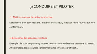 3) CONDUIRE ET PILOTER
1) Mettre en oeuvre des actions correctives
Défaillance d'un sous-traitant, matériel défectueux, livraison d'un fournisseur non
conforme, etc
2) Déclencher des actions préventives
Exemple : le suivi du planning montre que certaines opérations prennent du retard.
Affecter alors des ressources complémentaires en termes d'effectif…
 