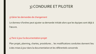 3) CONDUIRE ET PILOTER
3) Gérer les demandes de changement
Le donneur d'ordres peut ajuster sa demande initiale alors que les équipes sont déjà à
l'œuvre.
4)Tenir à jour la documentation projet
Plan projet, planning, chartes, procédures... les modifications conduites donnent lieu
à des mises à jour dans la documentation et les référentiels concernés
 