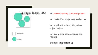 → Une entreprise, quelques projets
→ L’arrêt d’un projet coûte très cher
→ La réduction des coûts est un
enjeu majeur
→ L’entreprise assume seule les
risques
Exemple : type start-up
 