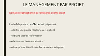 LE MANAGEMENT PAR PROJET
Domaine organisationnel de l’entreprise orienté projet
Le chef de projet a un rôle central qui permet :
→ d’offrir une grande réactivité vers le client
→ de faire circuler l’information
→ de favoriser la communication
→ de responsabiliser l’ensemble des acteurs du projet
 