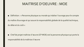 MAITRISE D’OEUVRE : MOE
■ Définition : « Personne physique ou morale qui réalise l ’ouvrage pour le compte
du maître d’ouvrage et qui assure la responsabilité globale de la qualité technique,
du délai et du coût »
■ Chef de projet maîtrise d ’œuvre (CP MOE) est la personne physique qui porte la
responsabilité de la maîtrise d ’œuvre
 
