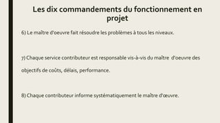 Les dix commandements du fonctionnement en
projet
6) Le maître d'oeuvre fait résoudre les problèmes à tous les niveaux.
7) Chaque service contributeur est responsable vis-à-vis du maître d'oeuvre des
objectifs de coûts, délais, performance.
8) Chaque contributeur informe systématiquement le maître d'œuvre.
 