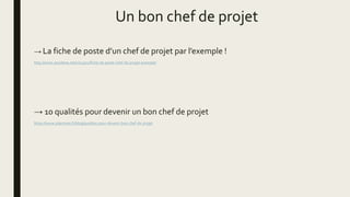 Un bon chef de projet
→ La fiche de poste d’un chef de projet par l’exemple !
http://www.anyideas.net/2013/01/fiche-de-poste-chef-de-projet-exemple/
→ 10 qualités pour devenir un bon chef de projet
https://www.planzone.fr/blog/qualites-pour-devenir-bon-chef-de-projet
 