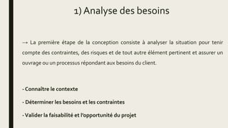 1) Analyse des besoins
→ La première étape de la conception consiste à analyser la situation pour tenir
compte des contraintes, des risques et de tout autre élément pertinent et assurer un
ouvrage ou un processus répondant aux besoins du client.
- Connaître le contexte
- Déterminer les besoins et les contraintes
-Valider la faisabilité et l’opportunité du projet
 