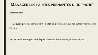 MANAGER LES PARTIES PRENANTES D'UN PROJET
EN INTERNE
→ L'équipe projet : comprenant le chef de projet ainsi que les autres membres de
l'équipe
→ Les services supports impliqués : ressources humaines, l’informatique…
 