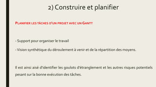 2) Construire et planifier
PLANIFIER LES TÂCHES D'UN PROJET AVEC UN GANTT
- Support pour organiser le travail
-Vision synthétique du déroulement à venir et de la répartition des moyens.
Il est ainsi aisé d'identifier les goulots d'étranglement et les autres risques potentiels
pesant sur la bonne exécution des tâches.
 