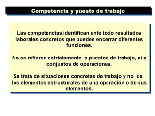 Las competencias identifican ante todo resultados laborales concretos que pueden encerrar diferentes funciones. No se refieren estrictamente  a puestos de trabajo, ni a conjuntos de operaciones. Se trata de situaciones concretas de trabajo y no  de  los elementos estructurales de una operación o de sus elementos. Competencia y puesto de trabajo 