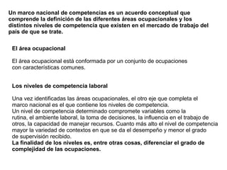Un marco nacional de competencias es un acuerdo conceptual que comprende la definición de las diferentes áreas ocupacionales y los distintos niveles de competencia que existen en el mercado de trabajo del país de que se trate. El área ocupacional El área ocupacional está conformada por un conjunto de ocupaciones con características comunes. Los niveles de competencia laboral Una vez identificadas las áreas ocupacionales, el otro eje que completa el marco nacional es el que contiene los niveles de competencia. Un nivel de competencia determinado compromete variables como la rutina, el ambiente laboral, la toma de decisiones, la influencia en el trabajo de otros, la capacidad de manejar recursos. Cuanto más alto el nivel de competencia mayor la variedad de contextos en que se da el desempeño y menor el grado de supervisión recibido. La finalidad de los niveles es, entre otras cosas, diferenciar el grado de complejidad de las ocupaciones. 