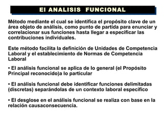 El ANALISIS  FUNCIONAL Método mediante el cual se identifica el propósito clave de un área objeto de análisis, como punto de partida para enunciar y correlacionar sus funciones hasta llegar a especificar las contribuciones individuales.  Este método facilita la definición de Unidades de Competencia Laboral y el establecimiento de Normas de Competencia Laboral •  El análisis funcional se aplica de lo general (el Propósito Principal reconocido)a lo particular •  El análisis funcional debe identificar funciones delimitadas (discretas) separándolas de un contexto laboral específico •  El desglose en el análisis funcional se realiza con base en la relación causaconsecuencia. 