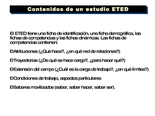 El ETED tiene una ficha de identificación, una ficha demográfica, las fichas de competencias y las fichas dinámicas. Las fichas de competencias contienen: –  Atribuciones (¿Qué hace?, ¿en qué red de relaciones?) –  Trayectorias (¿De qué se hace cargo?, ¿para hacer qué?) –  Extensión del campo (¿Cuál es la carga de trabajo?, ¿en qué límites?) –  Condiciones de trabajo, aspectos particulares –  Saberes movilizados (saber, saber hacer, saber ser). Contenidos de un estudio ETED 