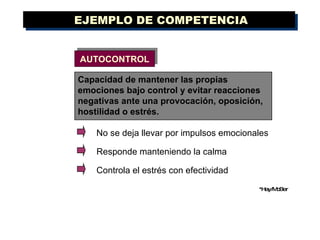 EJEMPLO DE COMPETENCIA AUTOCONTROL No se deja llevar por impulsos emocionales Responde manteniendo la calma Controla el estrés con efectividad *Hay/McBer Capacidad de mantener las propias emociones bajo control y evitar reacciones negativas ante una provocación, oposición, hostilidad o estrés. 