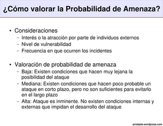 ¿Cómo valorar la Probabilidad de Amenaza?

 ●   Consideraciones
     –   Interés o la atracción por parte de individuos externos
     –   Nivel de vulnerabilidad
     –   Frecuencia en que ocurren los incidentes

 ●   Valoración de probabilidad de amenaza
     –   Baja: Existen condiciones que hacen muy lejana la 
         posibilidad del ataque
     –   Mediana: Existen condiciones que hacen poco probable un 
         ataque en corto plazo, pero no son suficientes para evitarlo 
         en el largo plazo
     –   Alta: Ataque es inminente. No existen condiciones internas y 
         externas que impidan el desarrollo del ataque


                                                             protejete.wordpress.com
 